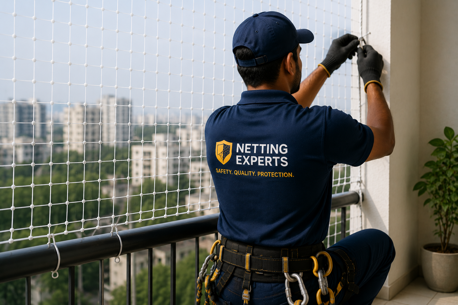 Installation technician fitting netting on a balcony