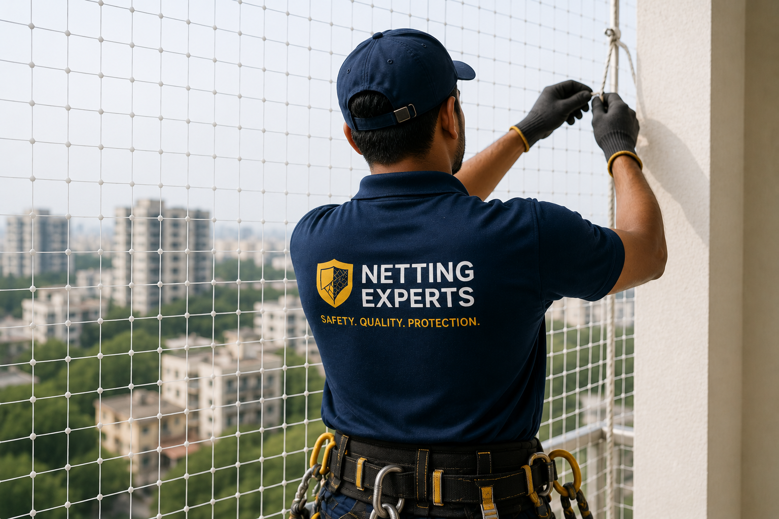 Senior installation technician fitting netting at height